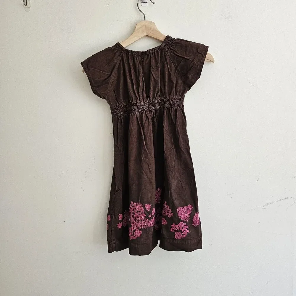 Vintage Mini Boden Corduroy Embroidered Dress Brown Pink Cottagecore 5-6Y